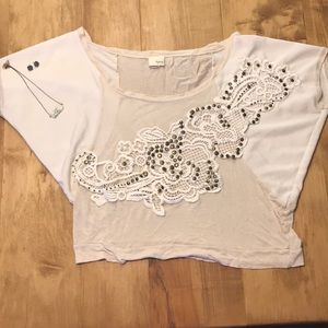 Cream sheer and cotton top w/ jewels & beading